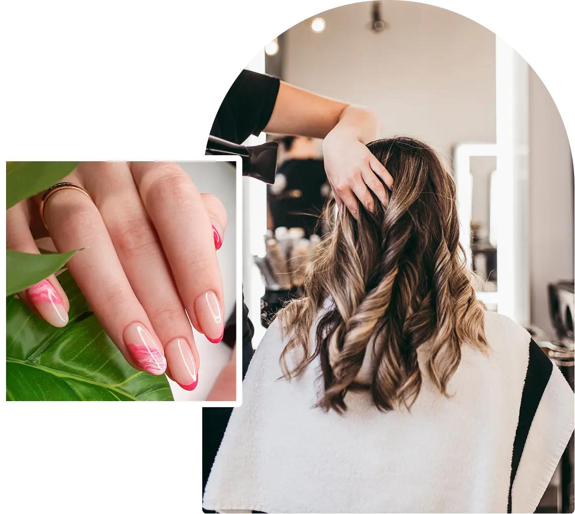 Hair styling and manicured nails close-up.