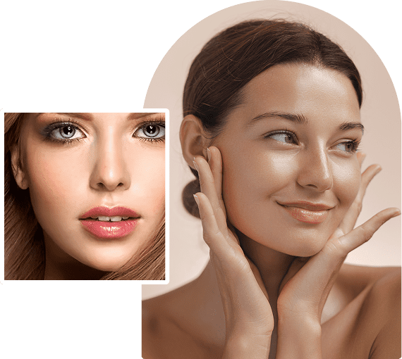 Women with clear skin and natural makeup.