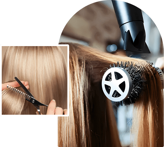 Hair drying and cutting with brush and scissors.