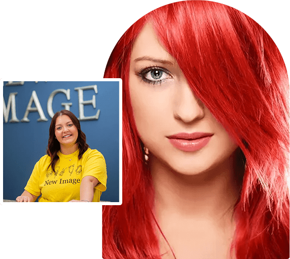 Woman with red hair and inset portrait.