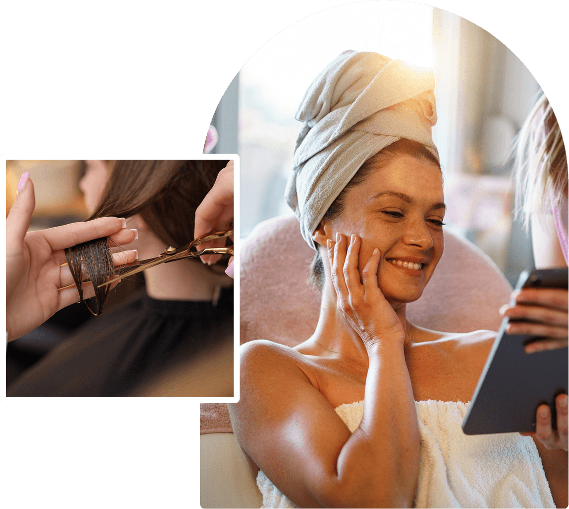 Woman enjoying spa treatment, hair being cut.