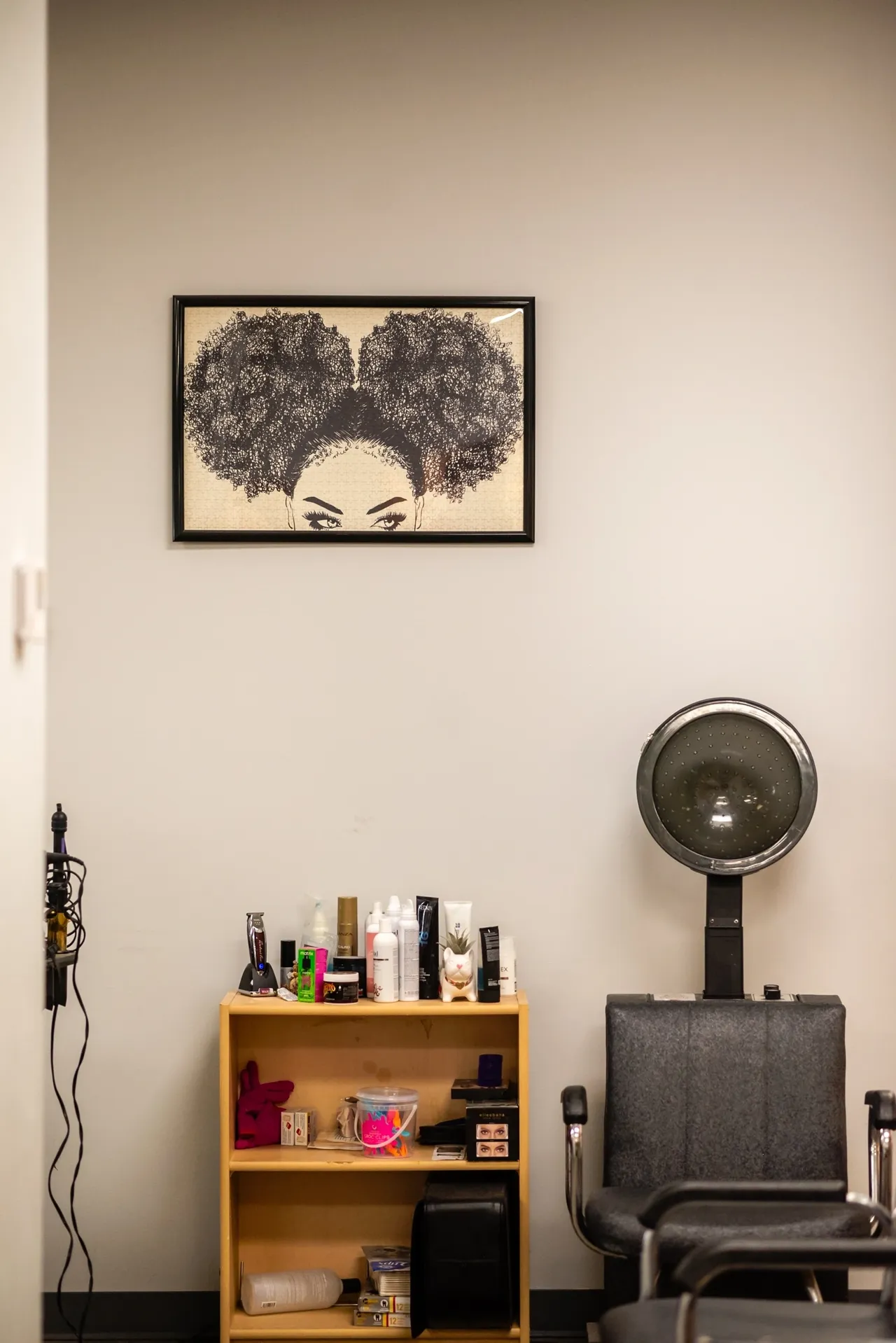 Hair salon interior with artwork